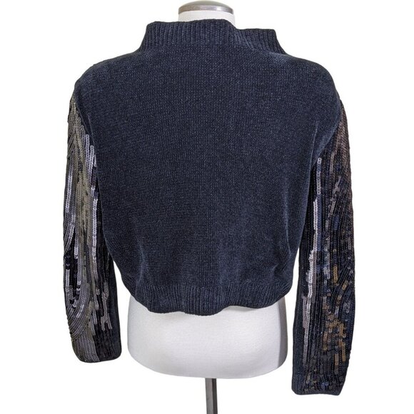 Zara Sequin Embellished Chenille Sweater Womens Medium Black Cropped Long Sleeve - Picture 5 of 6